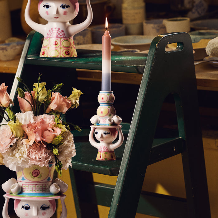 Bjørn Wiinblad Lady with Hat Candle Holder, Pink & Yellow