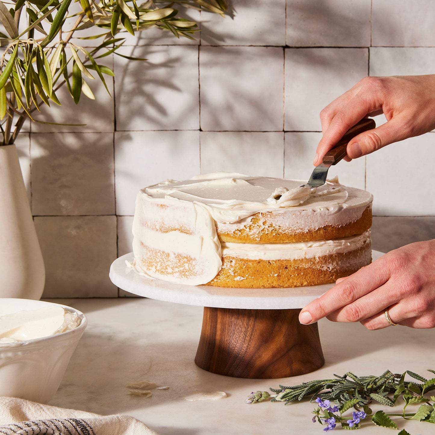 JK Adams Marble & Walnut Wood Rotating Cake Stand