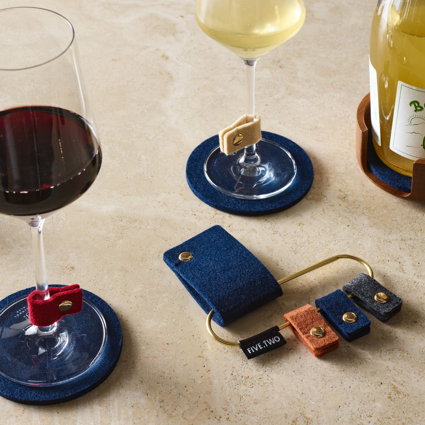 Five Two Felt Coaster Set With Walnut Bottle Holder
