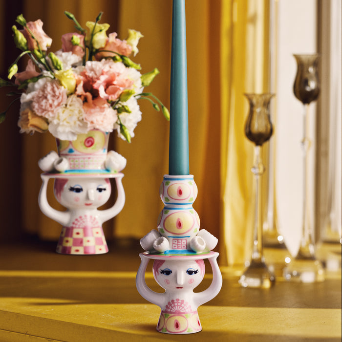 Bjørn Wiinblad Lady with Hat Candle Holder, Pink & Yellow