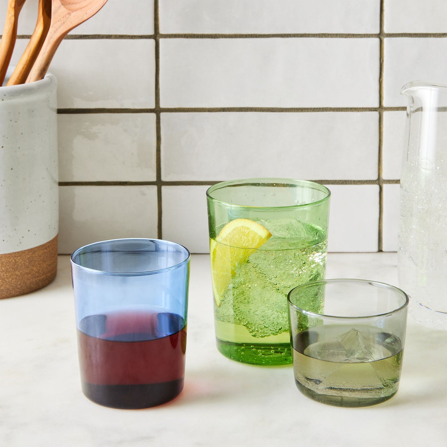 Essential Stackable Colored Glassware & Pitcher