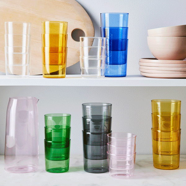 Essential Stackable Colored Glassware & Pitcher