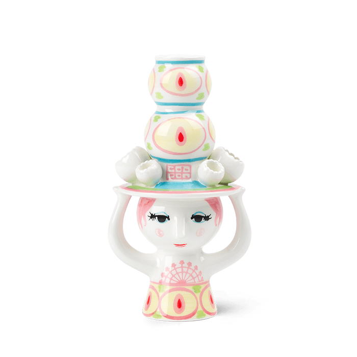 Bjørn Wiinblad Lady with Hat Candle Holder, Pink & Yellow