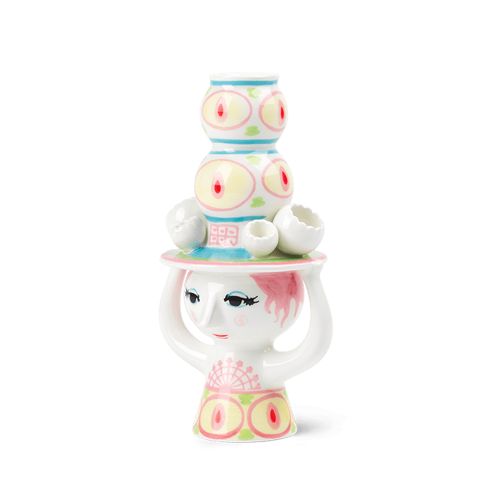 Bjørn Wiinblad Lady with Hat Candle Holder, Pink & Yellow