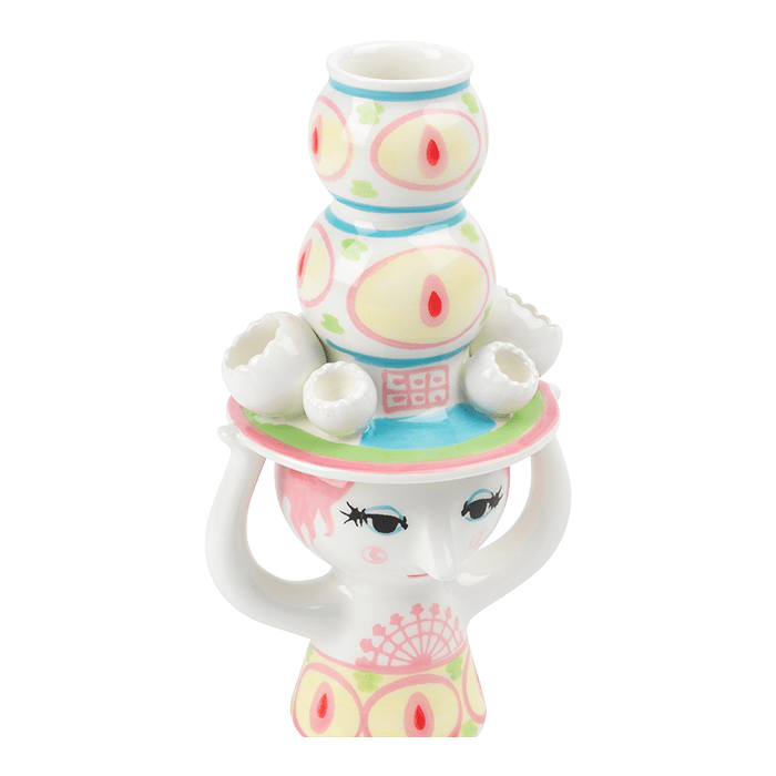 Bjørn Wiinblad Lady with Hat Candle Holder, Pink & Yellow