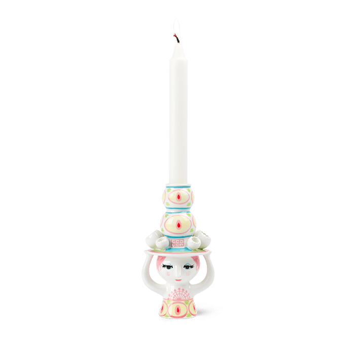 Bjørn Wiinblad Lady with Hat Candle Holder, Pink & Yellow
