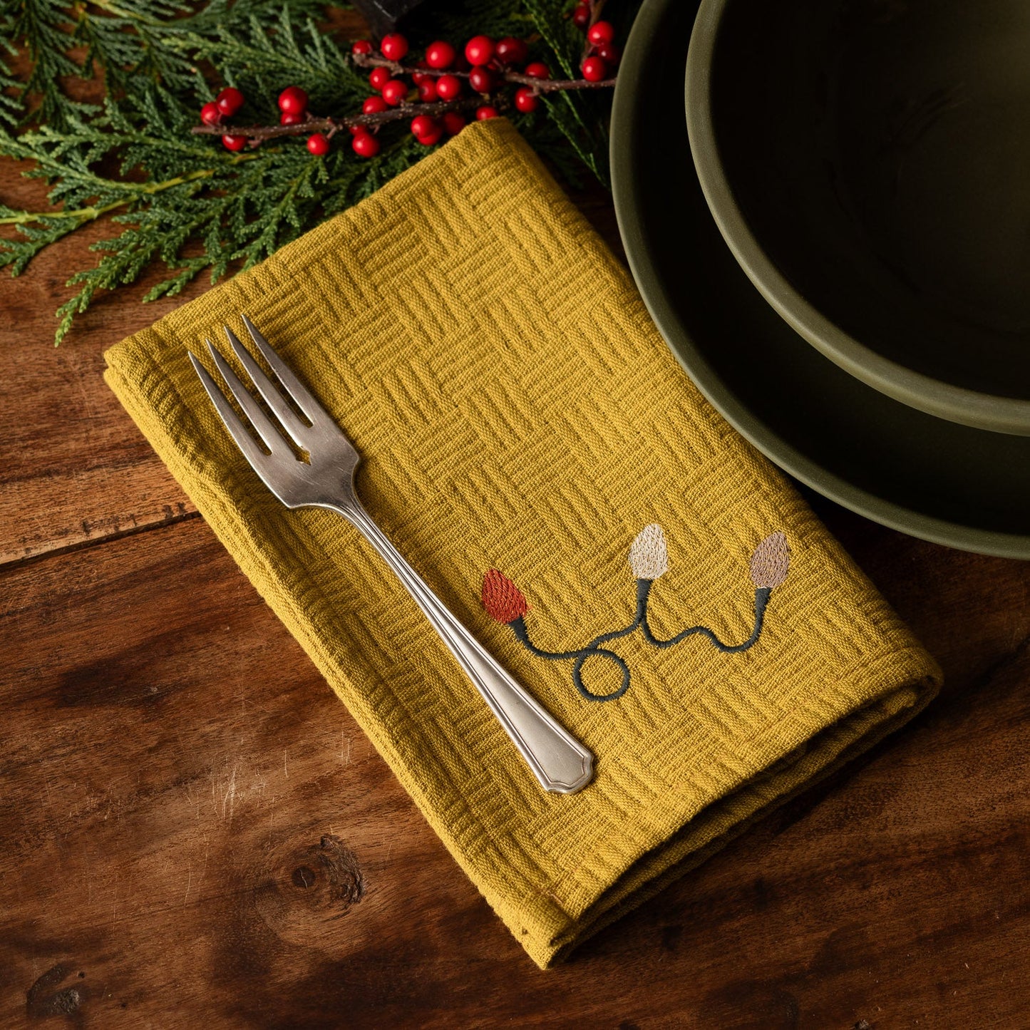 Embroidered Holiday Lights Napkin Set
