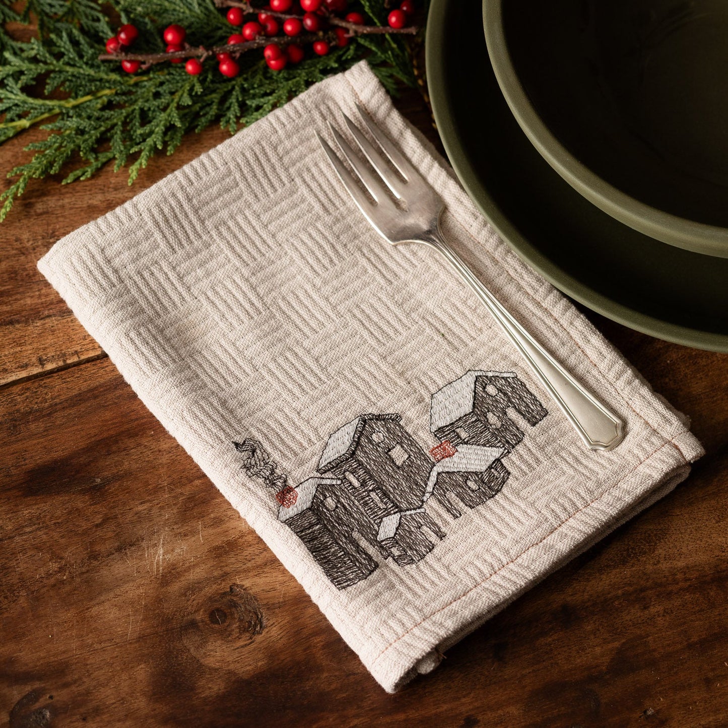 Embroidered Holiday Village Napkin Set