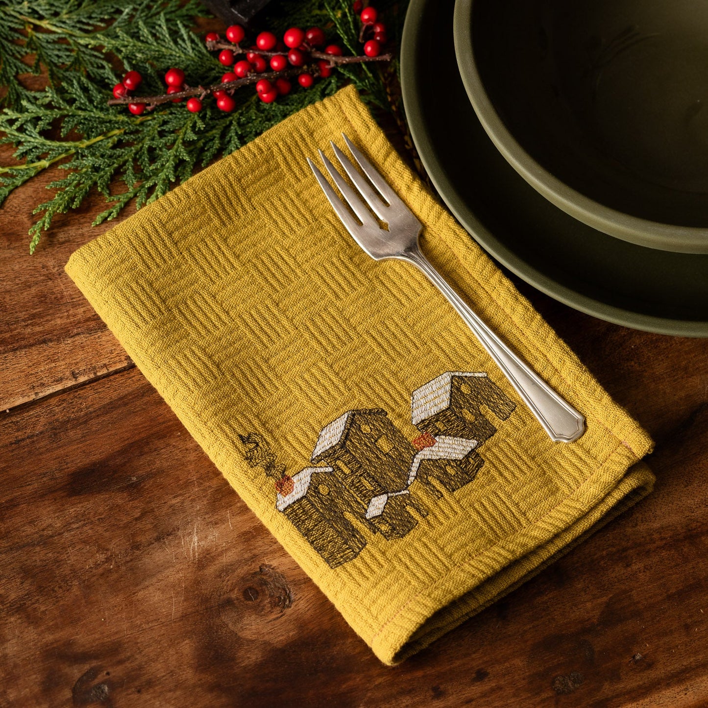 Embroidered Holiday Village Napkin Set